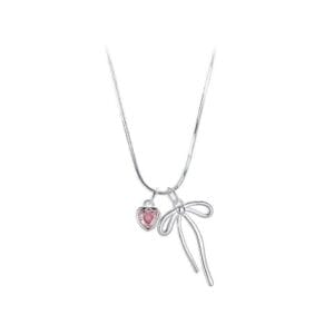 925 Silver Bow Pink Diamond Heart Necklace