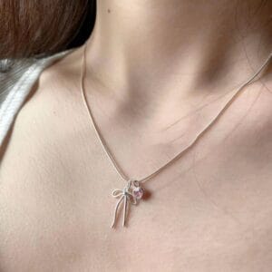 925 Silver Bow Pink Diamond Heart Necklace