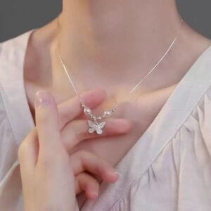 925 Silver Gentle Wind Butterfly Texture Faux Pearl Necklace