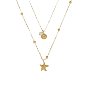 Double-layered starfish shell gold stacking necklace