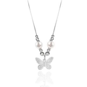 925 Silver Gentle Wind Butterfly Texture Faux Pearl Necklace