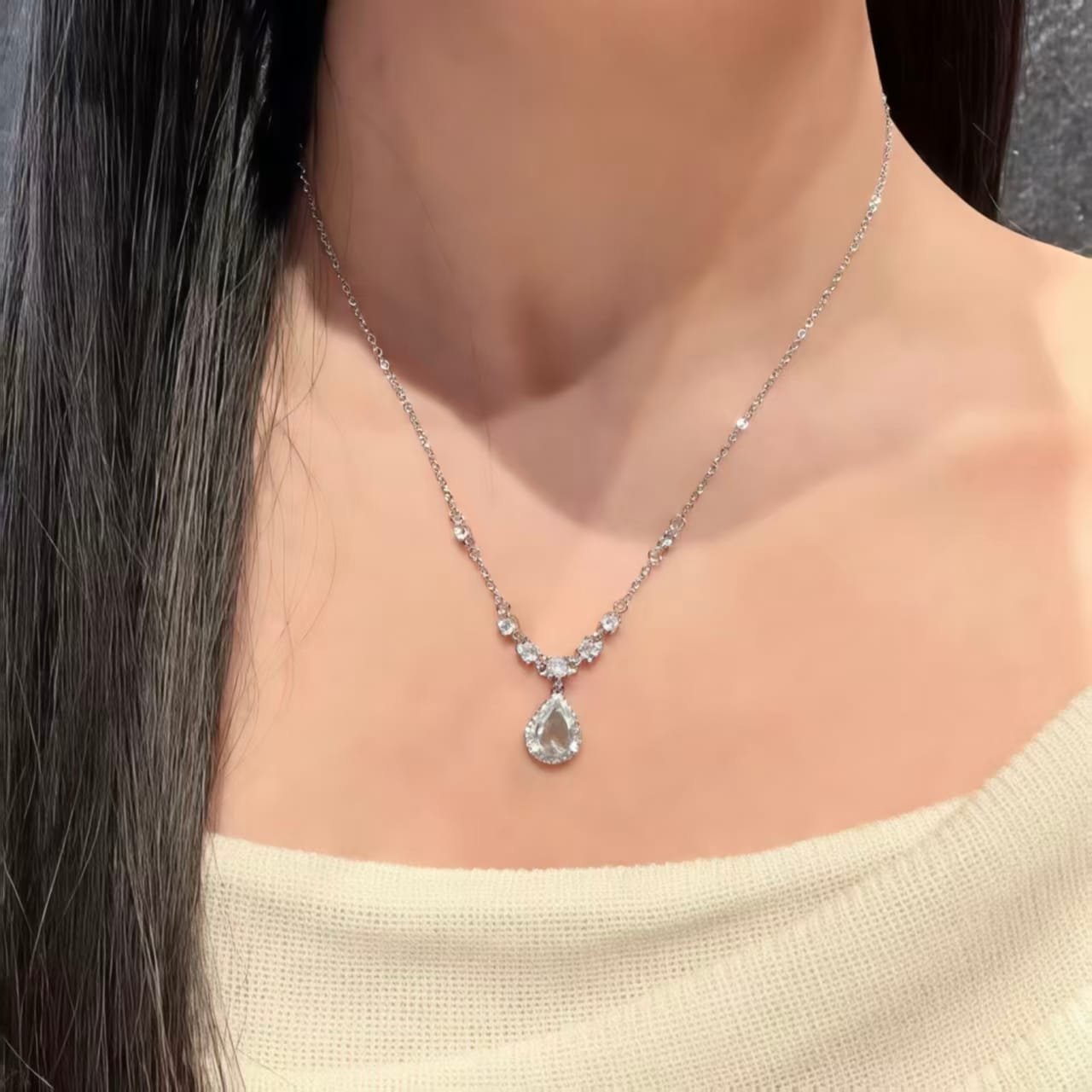 925 Sterling Silver Aqua Teardrop Halo Necklace