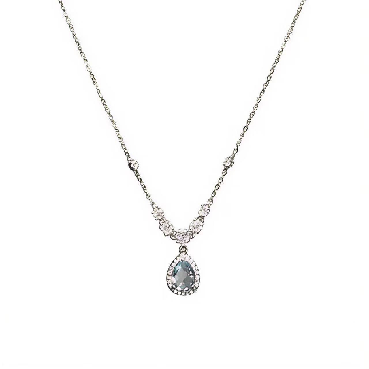 925 Sterling Silver Aqua Teardrop Halo Necklace